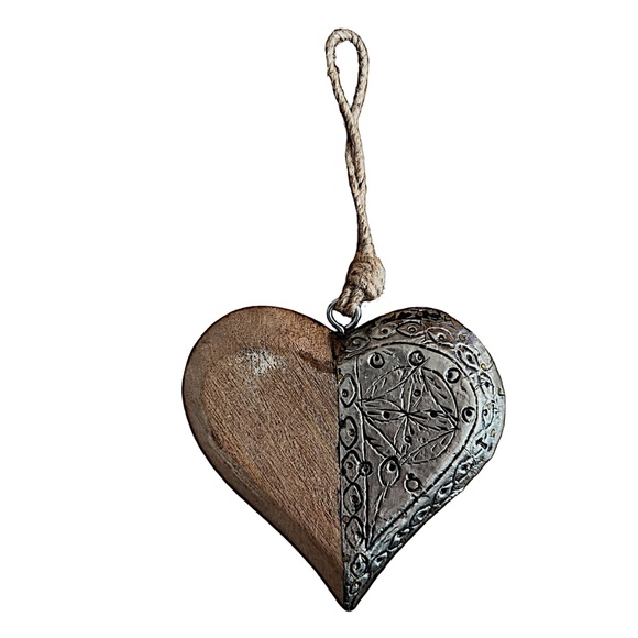 Handmade Heart Shaped Wood & Metal Ornament 4 3/4”x 4 3/4” Home Garden Decor - Picture 3 of 6